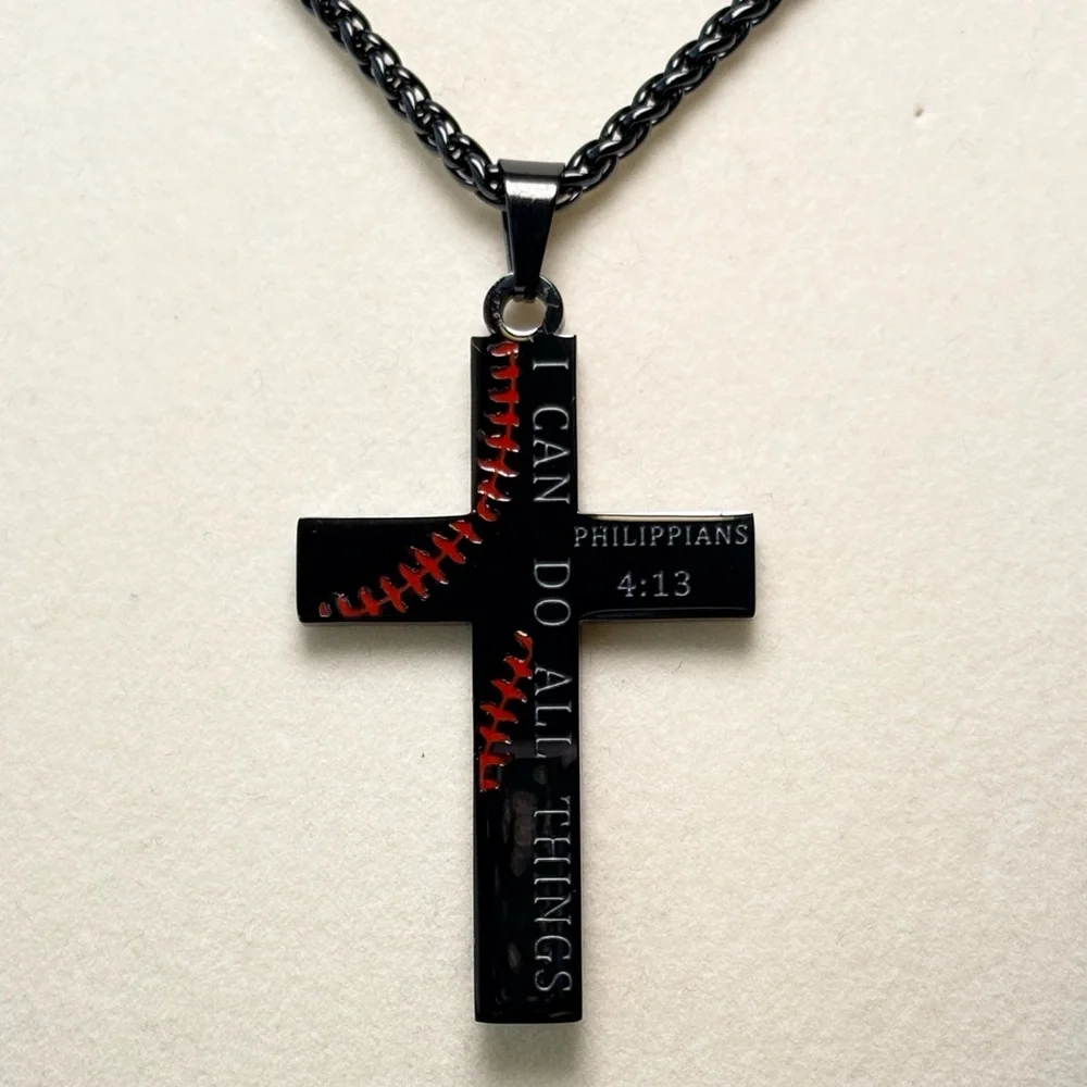Black and‎ Red Baseball Cross Necklace